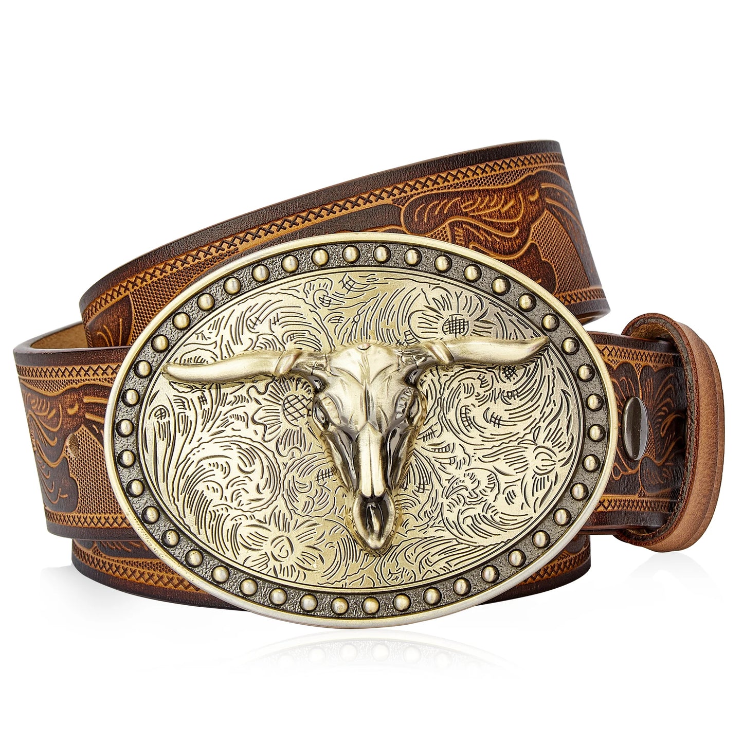 Men's Western Embossed Genuine Leather Belts with Golden Cowboy Longhorn Bull Buckle Belt Business Waist Straps For Men Droping