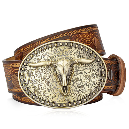 Men's Western Embossed Genuine Leather Belts with Golden Cowboy Longhorn Bull Buckle Belt Business Waist Straps For Men Droping