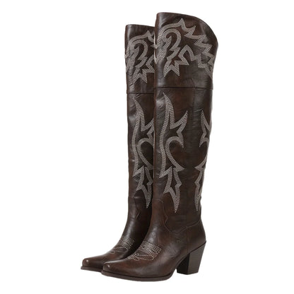 GIGIFOX Over the Knee Boots with Chunky Heel, Side Zipper Stylish Thigh High Cowboy Cowgirl Boots Ladies Outdoor Party Footwear