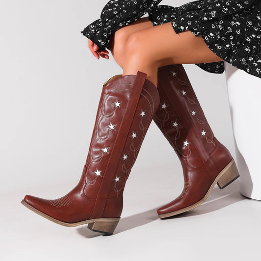 Party-Ready Red Cowboy Boots for Women: Knee-High with Star Embroidery, Chunky Block Heel & Pointed Toe – Pull-On Western Style