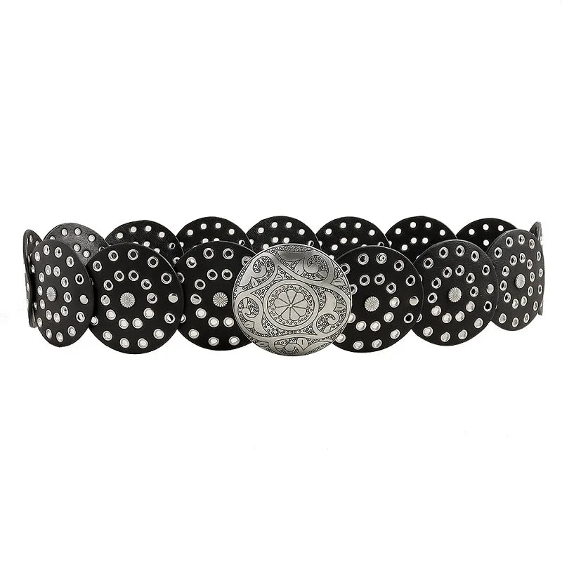 New Women's Western Denim Belt High Quality Metal Hollow Ladies Trend Wide Waistband Vintage Personalized Round Belts DT148