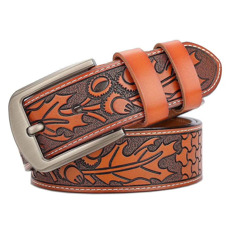 Men's carve pattern Genuine Leather Belt pin buckle waistband  Pure Cowhide  Jeans  Vintage  Punk Luxury Fashion High-grade belt