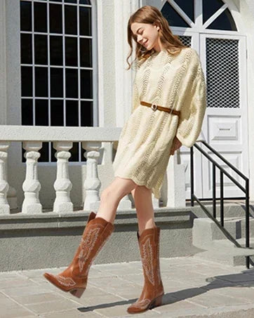 Cowboy Boots for Women Western Cowgirl Square Toe boots Embroidery Chunky Heel Mid-Calf Boots