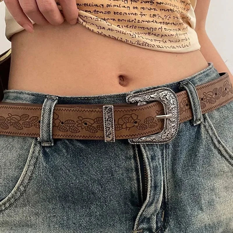Y2K Pattern Print Belt Western PU Leather for Women Designer Brand Metal Buckle Pin Waist Belt Girls Hip Hop Fashion Waistband