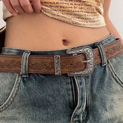 Y2K Pattern Print Belt Western PU Leather for Women Designer Brand Metal Buckle Pin Waist Belt Girls Hip Hop Fashion Waistband