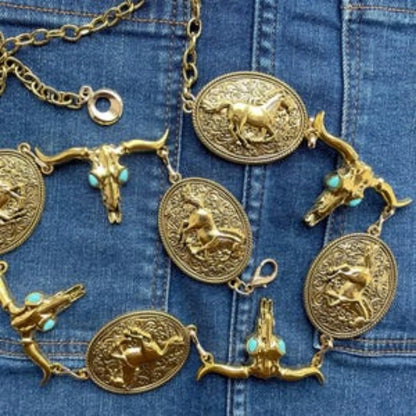 Western Concho belt, Gold Tone Metal, Oval Horse Concho, Bull Head Faux Turquoise belt