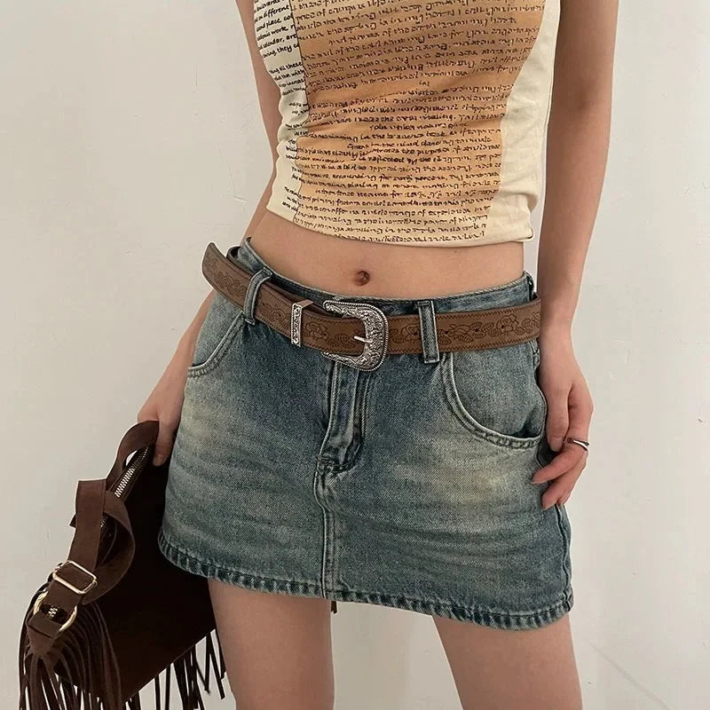 Y2K Pattern Print Belt Western PU Leather for Women Designer Brand Metal Buckle Pin Waist Belt Girls Hip Hop Fashion Waistband