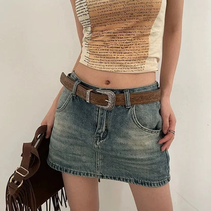 Y2K Pattern Print Belt Western PU Leather for Women Designer Brand Metal Buckle Pin Waist Belt Girls Hip Hop Fashion Waistband