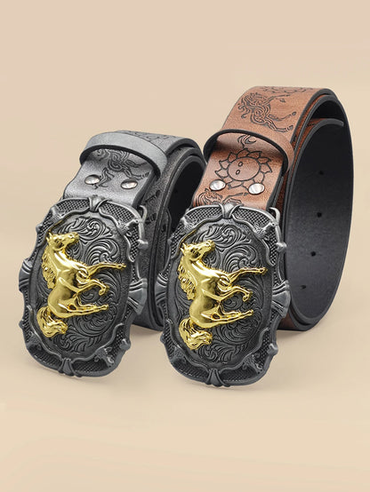 Western Cowboy Style Vintage Casual Belt - Horse Carved Buckle & Bohemian Print, Perfect for Daily Commute & Dating Outfits