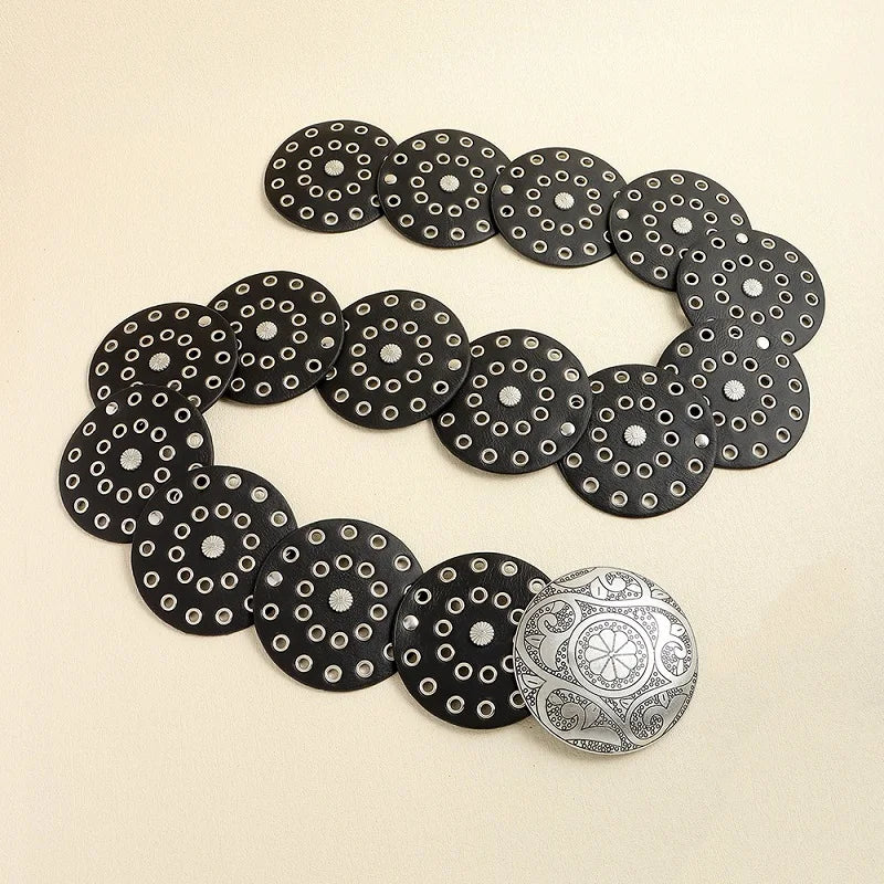 New Women's Western Denim Belt High Quality Metal Hollow Ladies Trend Wide Waistband Vintage Personalized Round Belts DT148