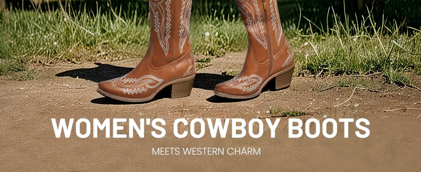 Cowboy Boots for Women Western Cowgirl Square Toe boots Embroidery Chunky Heel Mid-Calf Boots