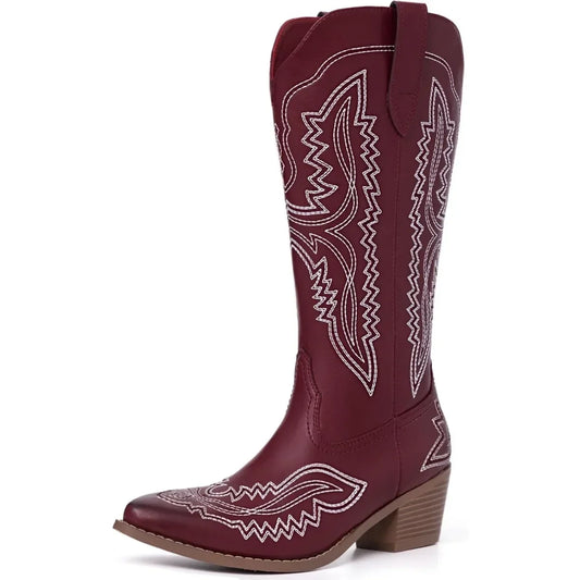 Cowboy Boots for Women Western Cowgirl Square Toe boots Embroidery Chunky Heel Mid-Calf Boots