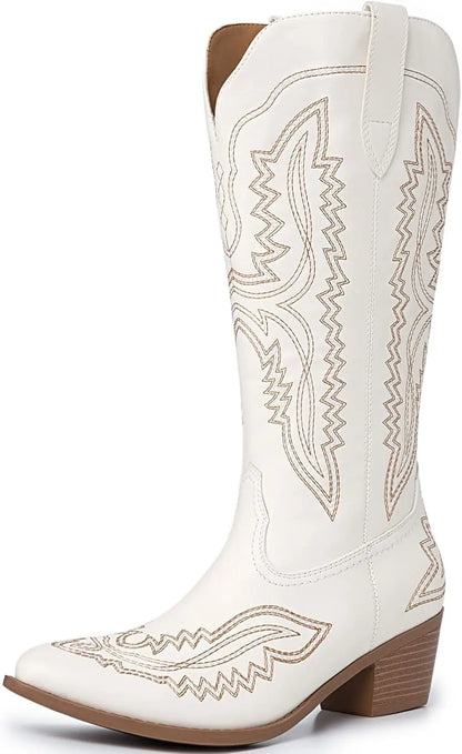 Cowboy Boots for Women Western Cowgirl Square Toe boots Embroidery Chunky Heel Mid-Calf Boots