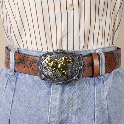 Western Cowboy Style Vintage Casual Belt - Horse Carved Buckle & Bohemian Print, Perfect for Daily Commute & Dating Outfits