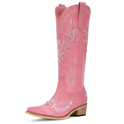 Cowboy Boots for Women - Wide Calf Knee High Western Cowgirl Boots, Sparkly Rhinestone Retro Country Boots Black