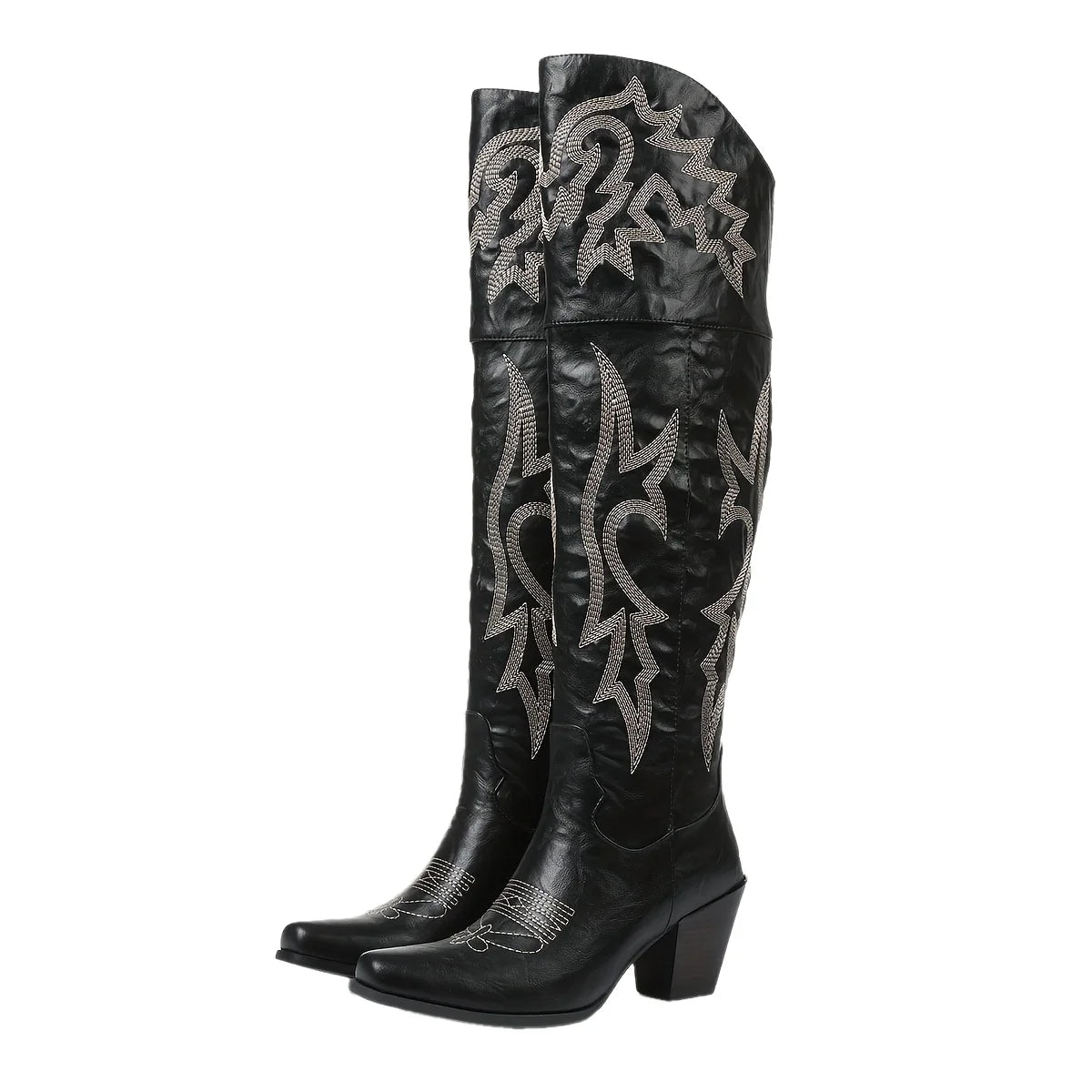 GIGIFOX Over the Knee Boots with Chunky Heel, Side Zipper Stylish Thigh High Cowboy Cowgirl Boots Ladies Outdoor Party Footwear