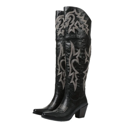 GIGIFOX Over the Knee Boots with Chunky Heel, Side Zipper Stylish Thigh High Cowboy Cowgirl Boots Ladies Outdoor Party Footwear