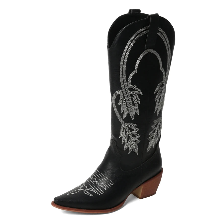 Meotina Women Knee High Cowboy Boots Pointed Toe Thick High Heels Embroidery Western Cowgirl Gogo Boots Ladies Fashion Shoes 43