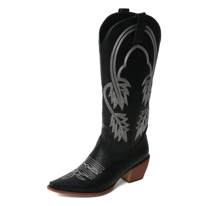 Meotina Women Knee High Cowboy Boots Pointed Toe Thick High Heels Embroidery Western Cowgirl Gogo Boots Ladies Fashion Shoes 43
