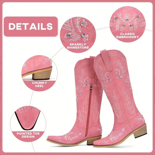 Cowboy Boots for Women - Wide Calf Knee High Western Cowgirl Boots, Sparkly Rhinestone Retro Country Boots Black
