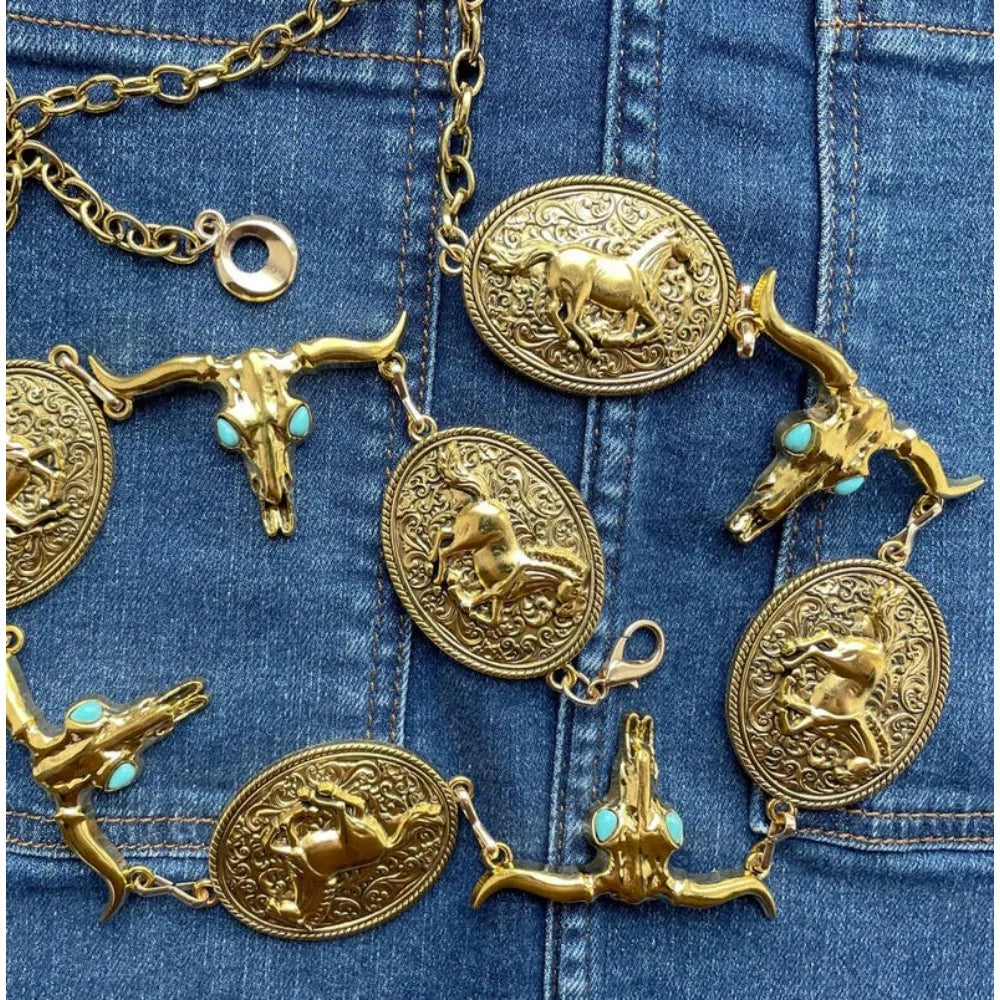 Western Concho belt, Gold Tone Metal, Oval Horse Concho, Bull Head Faux Turquoise belt