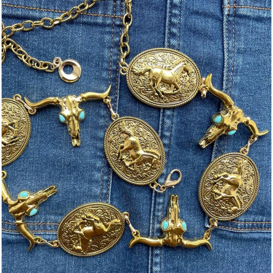 Western Concho belt, Gold Tone Metal, Oval Horse Concho, Bull Head Faux Turquoise belt