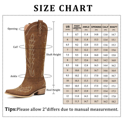 Women's Knee-High Cowboy Boots - Embroidered Western Cowgirl Boots, Pointed Toe, Chunky Heel, Pull-On Zipper, Vintage Style