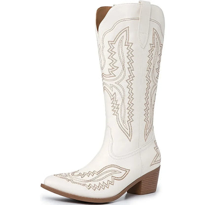 Cowboy Boots for Women Western Cowgirl Square Toe boots Embroidery Chunky Heel Mid-Calf Boots