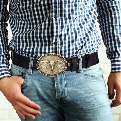 Men's Western Embossed Genuine Leather Belts with Golden Cowboy Longhorn Bull Buckle Belt Business Waist Straps For Men Droping