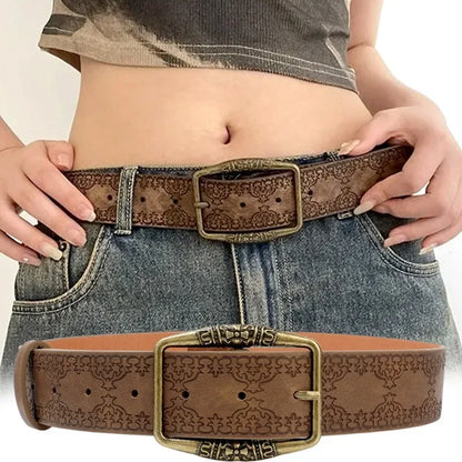 Y2K Pattern Print Belt Western PU Leather for Women Designer Brand Metal Buckle Pin Waist Belt Girls Hip Hop Fashion Waistband