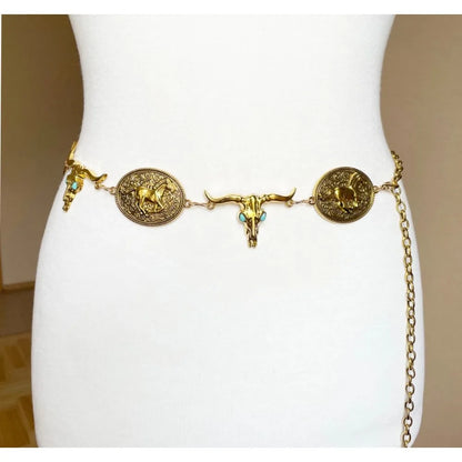 Western Concho belt, Gold Tone Metal, Oval Horse Concho, Bull Head Faux Turquoise belt