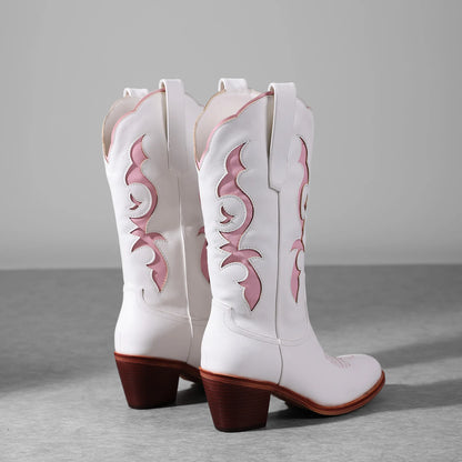 Women's Red Floral Embroidered Cowboy Boots - White Knee-High, Pink Toe, Chunky Heel. Fashionable Western Style