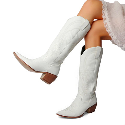 Meotina Women Knee High Cowboy Boots Pointed Toe Thick High Heels Embroidery Western Cowgirl Gogo Boots Ladies Fashion Shoes 43