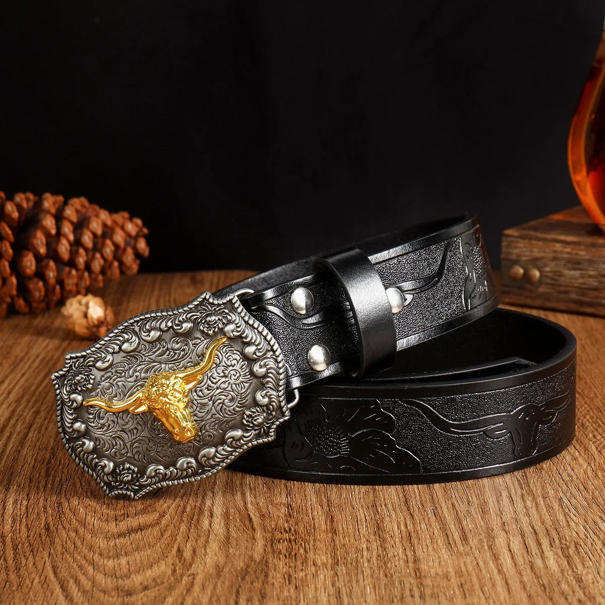 New Men's Western Cowboy Belt - Cool Handsome Black Faux Leather with Embossed Design and Stylish Alloy Buckle men belt