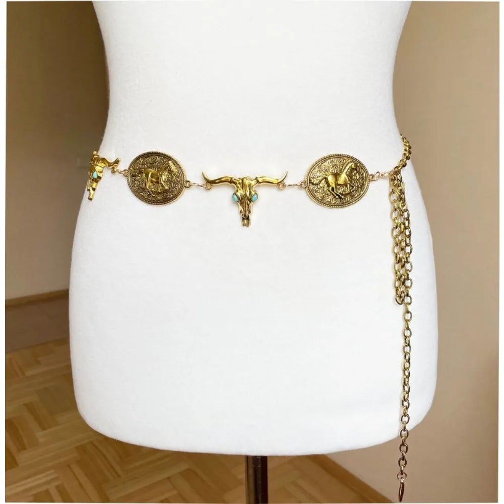 Western Concho belt, Gold Tone Metal, Oval Horse Concho, Bull Head Faux Turquoise belt
