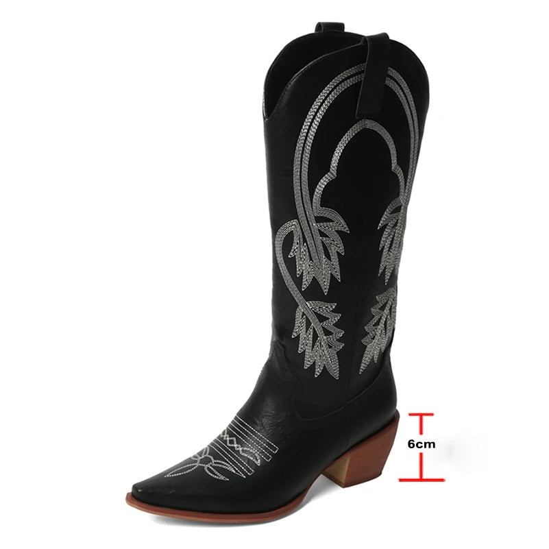 Meotina Women Knee High Cowboy Boots Pointed Toe Thick High Heels Embroidery Western Cowgirl Gogo Boots Ladies Fashion Shoes 43