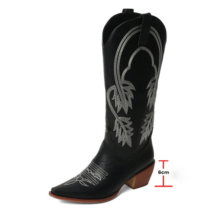 Meotina Women Knee High Cowboy Boots Pointed Toe Thick High Heels Embroidery Western Cowgirl Gogo Boots Ladies Fashion Shoes 43