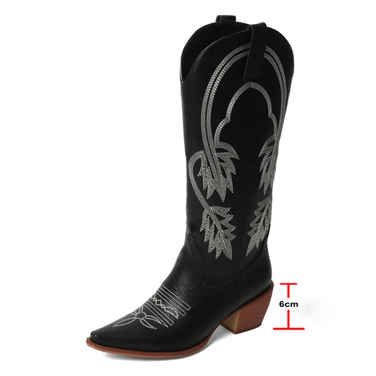 Meotina Women Knee High Cowboy Boots Pointed Toe Thick High Heels Embroidery Western Cowgirl Gogo Boots Ladies Fashion Shoes 43