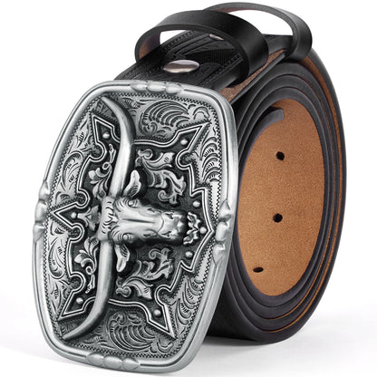 BISON DENIM Mens Belt Western Embossed Genuine Leather Men Cowboy Belts With Longhorn Bull Buckle Pattern Floral Belt For Men