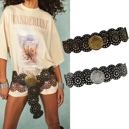 New Women's Western Denim Belt High Quality Metal Hollow Ladies Trend Wide Waistband Vintage Personalized Round Belts DT148