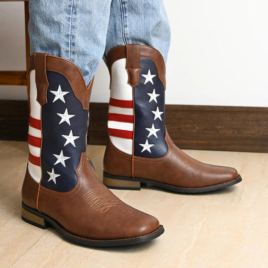 Men's Trendy High Top Cowboys Boots With Stars And Stripes Pattern, Non Slip Comfy Durable Shoes For Outdoor Traveling Walking