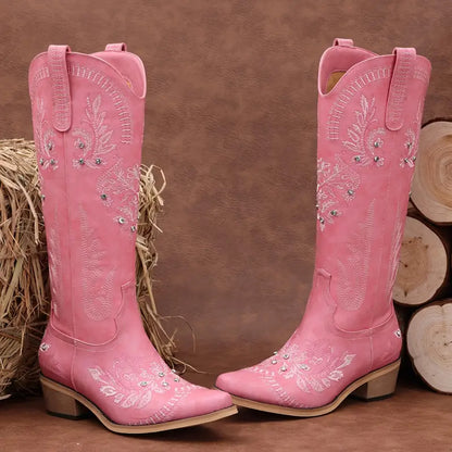 Cowboy Boots for Women - Wide Calf Knee High Western Cowgirl Boots, Sparkly Rhinestone Retro Country Boots Black