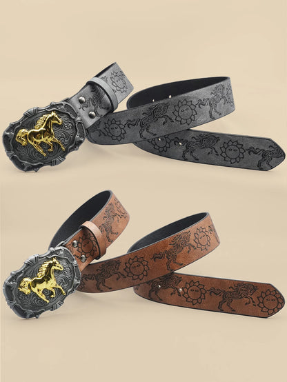 Western Cowboy Style Vintage Casual Belt - Horse Carved Buckle & Bohemian Print, Perfect for Daily Commute & Dating Outfits