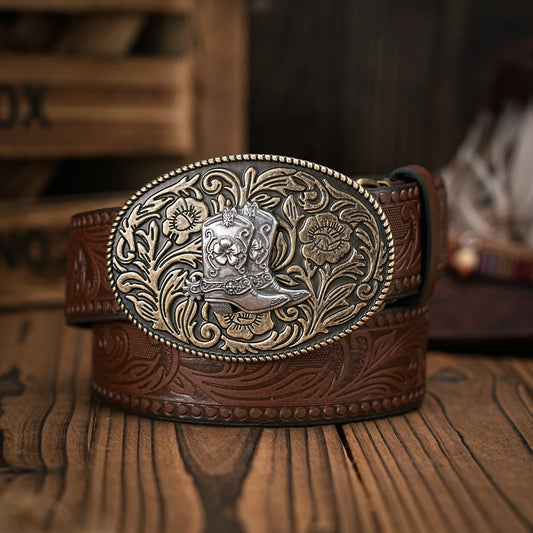 Men & Women-Western-Cowboy-PU Leather-Belts - Vintage Belt Floral Engraved Buckle Belt for Jeans