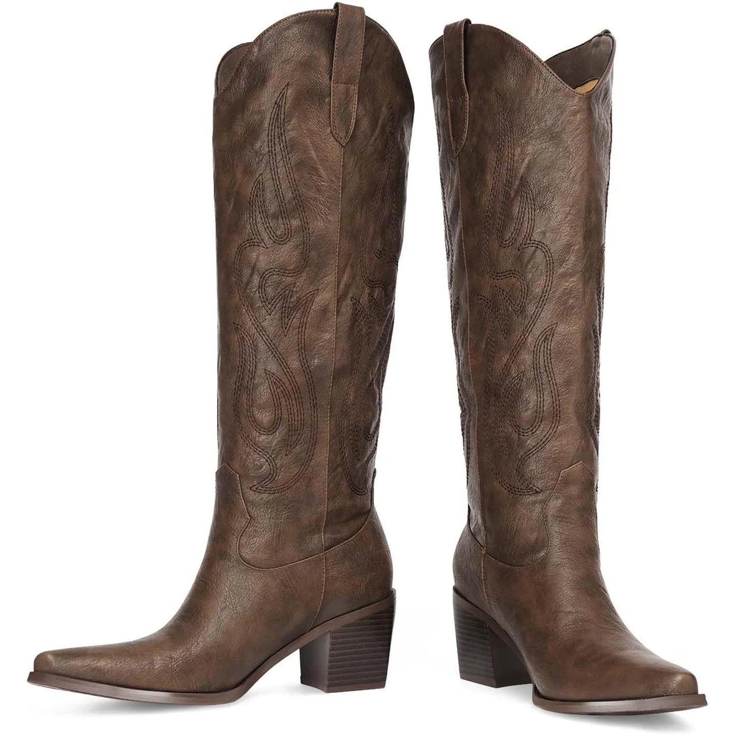 Cowboy Boots for Women - Black Knee High Cowgirl Boots with Classic Embroidered, Slip On Pointed Toe Fashion Retro Brown