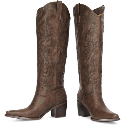 Cowboy Boots for Women - Black Knee High Cowgirl Boots with Classic Embroidered, Slip On Pointed Toe Fashion Retro Brown