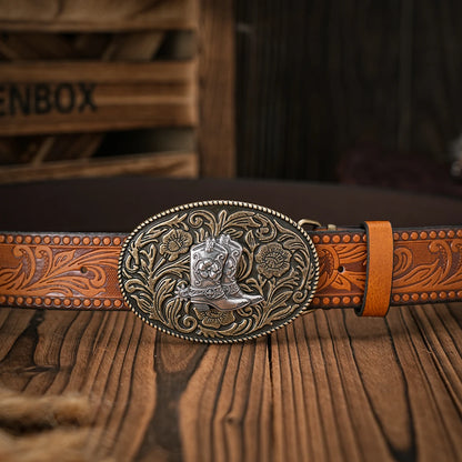 Men & Women-Western-Cowboy-PU Leather-Belts - Vintage Belt Floral Engraved Buckle Belt for Jeans