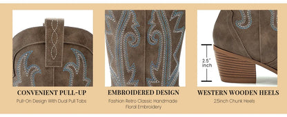 Women's Cowboy Boots Western Cowgirl Boots Fashion Embroidered Pointed Toe Chunky Heel Mid Calf Boots