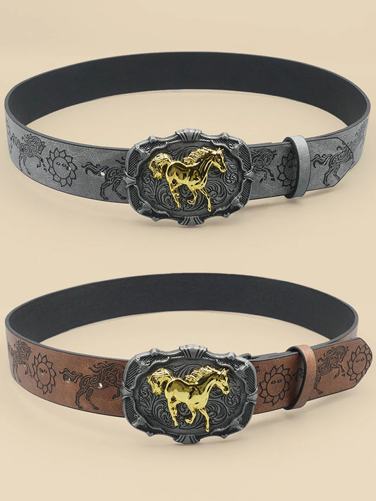 Western Cowboy Style Vintage Casual Belt - Horse Carved Buckle & Bohemian Print, Perfect for Daily Commute & Dating Outfits