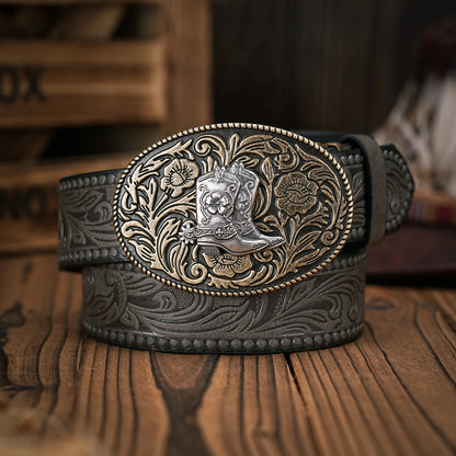 Men & Women-Western-Cowboy-PU Leather-Belts - Vintage Belt Floral Engraved Buckle Belt for Jeans